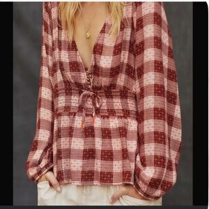 ANTHROPOLOGIE Pilcro Plaid Embroidered Peplum Top XS